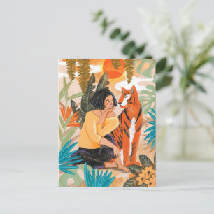 Woman & tiger jungle sunset holiday postcard