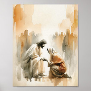 Woman Touches Jesus - Digital Watercolor Jesus Poster