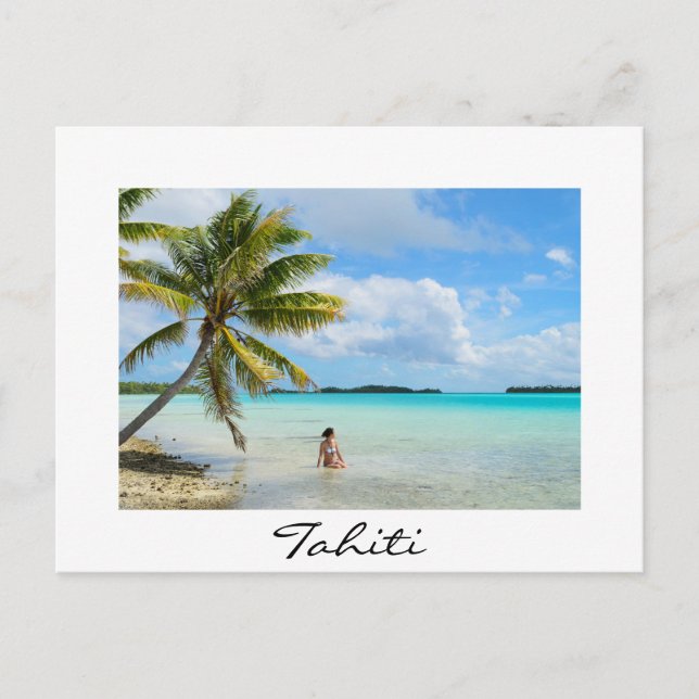 Woman under a palm in Tahiti white border postcard (Front)