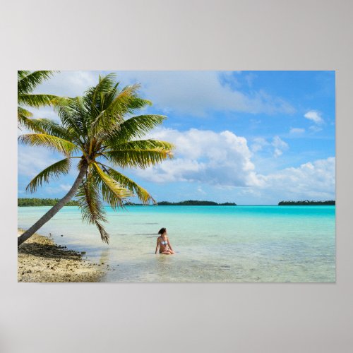 Woman under a palm tree in the Pacific poster