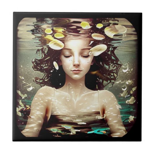 Woman Under Water  AI Artwork Ceramic Tile