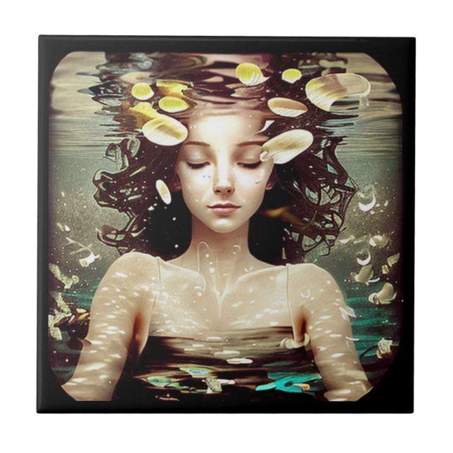 Woman Under Water, | AI Artwork Ceramic Tile (Front)