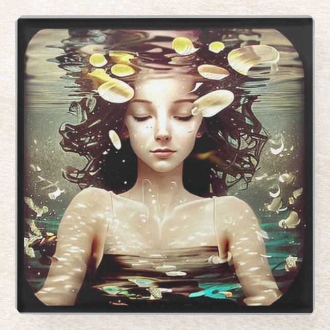 Woman Under Water, | AI Artwork Glass Coaster (Front)