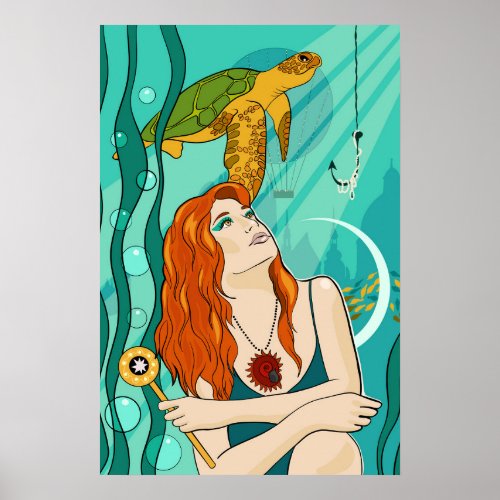 Woman underwater with magic wand and turtle poster