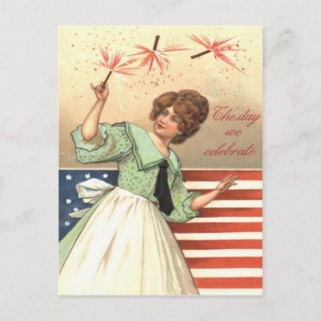 Woman US Flag Fireworks Firecracker Postcard (Front)