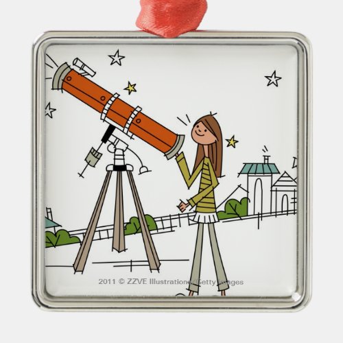 Woman using an astronomy telescope metal ornament