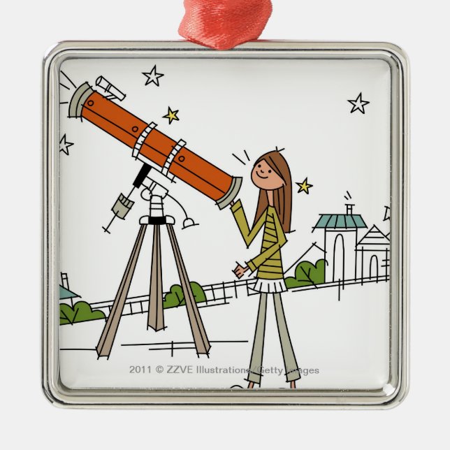 Woman using an astronomy telescope metal ornament (Front)