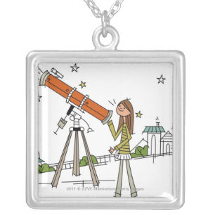Woman using an astronomy telescope silver plated necklace