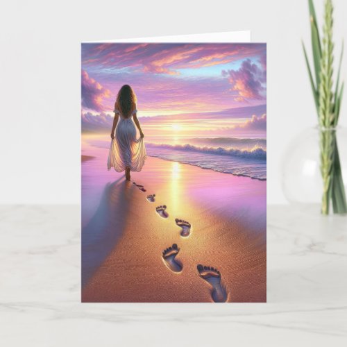 Woman Walking A Sunset Beach  Card