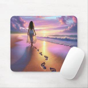 Woman Walking A Sunset Beach Mouse Pad
