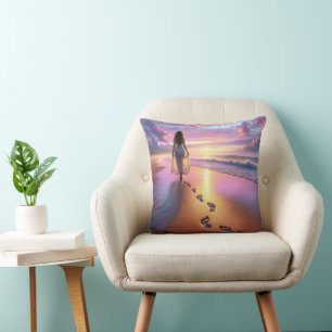 Woman Walking A Sunset Beach Throw Pillow