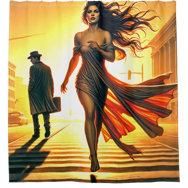Woman Walking Away Striking Sunset Scene Shower Curtain (Front)