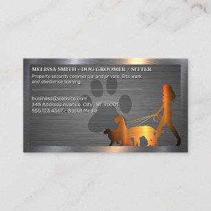 Woman Walking Dogs Paw Metallic Border Business Card