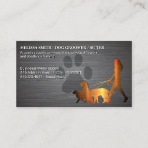 Woman Walking Dogs Paw Metallic Texture Business Card