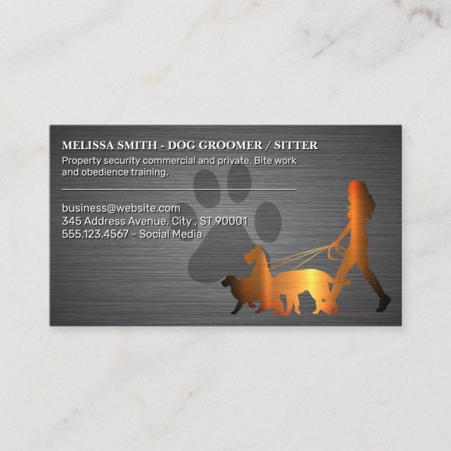 Woman Walking Dogs | Paw | Metallic Texture Business Card (Front)