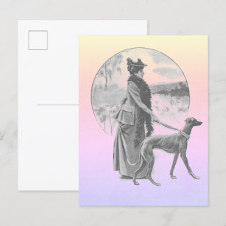 Woman walking greyhound dog vintage postcard