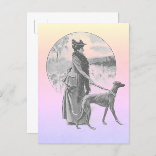 Woman walking greyhound dog vintage postcard