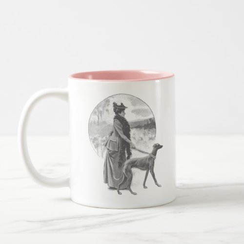 Woman walking greyhound dog vintage Two_Tone coffee mug