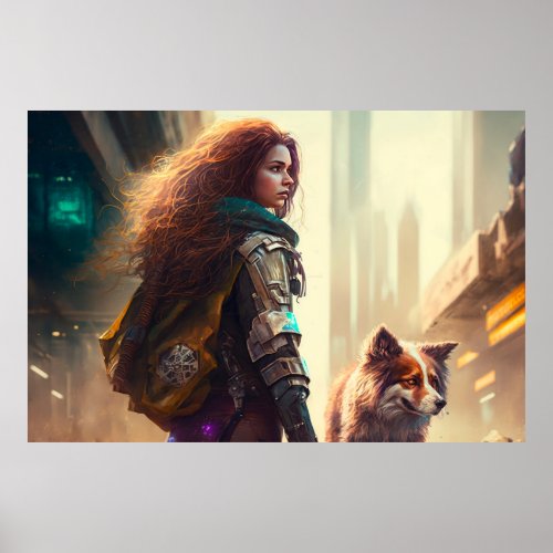 Woman Walking her Dog in a City of the Future Poster