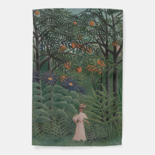 Woman Walking in an Exotic Forest, Henri Rousseau Garden Flag