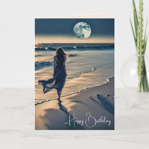 Woman Walking Midnight Beach for Birthday Card