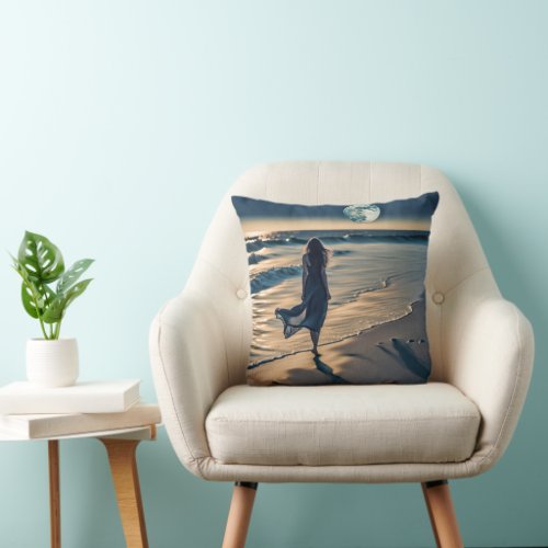 Woman Walking Night Beach Throw Pillow