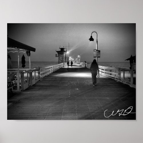 Woman Walking on the Pier in San Clemente BW Poster
