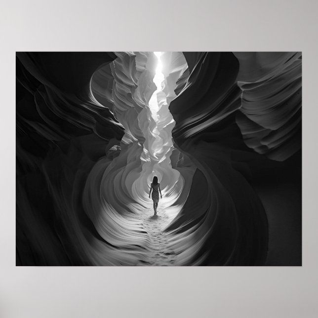 Woman walking through a canyon gulch B&W photo Poster (Front)