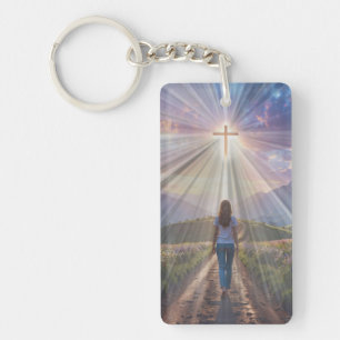Woman Walking Toward Glowing Cross – Faith Journey Keychain
