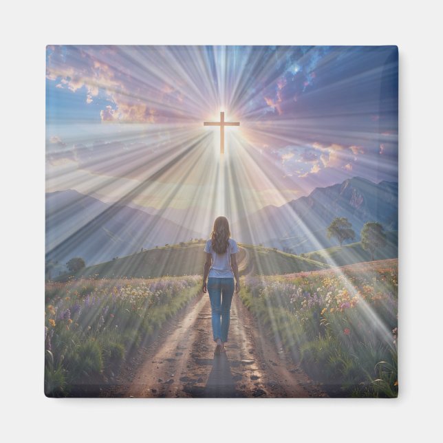 Woman Walking Toward Glowing Cross – Faith Journey Magnet (Front)