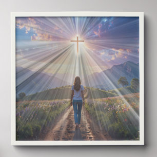 Woman Walking Toward Glowing Cross – Faith Journey Peel And Stick Photo Tile