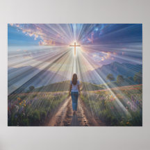 Woman Walking Toward Glowing Cross – Faith Journey
