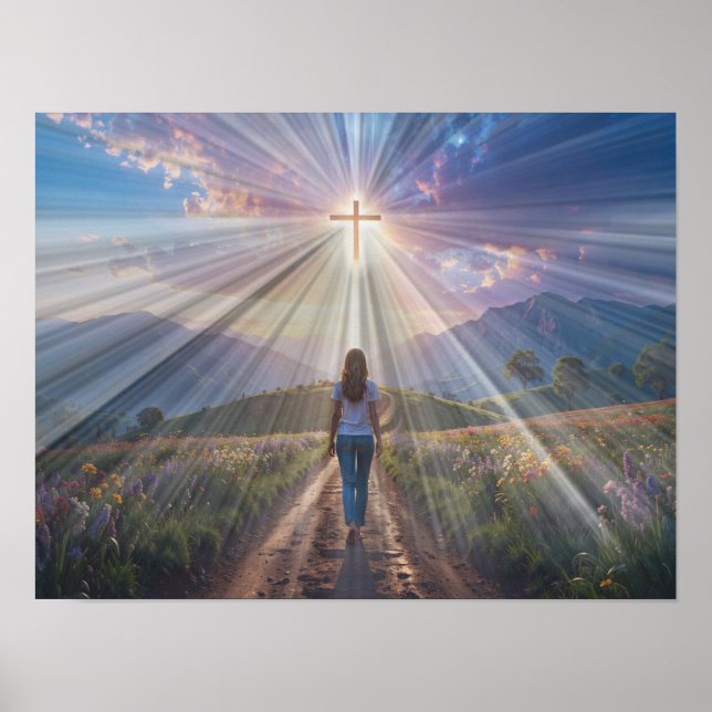 Woman Walking Toward Glowing Cross – Faith Journey Poster (Front)