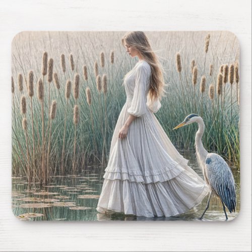 Woman Walking With Blue Heron Mouse Pad