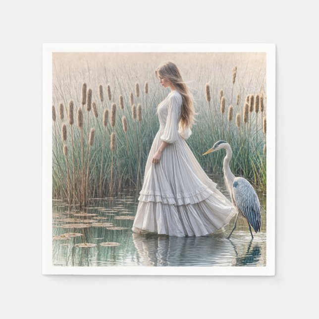 Woman Walking With Blue Heron Napkins (Front)