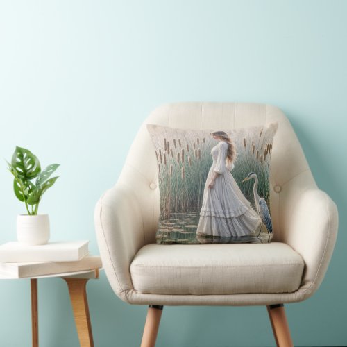 Woman Walking With Blue Heron Throw Pillow