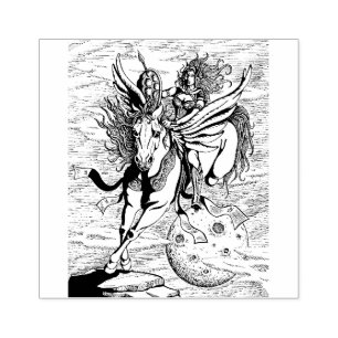 WOMAN WARRIOR, FLYING HORSE PEGASUS FANTASY HERO  RUBBER STAMP