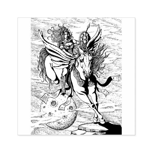 WOMAN WARRIOR FLYING HORSE PEGASUS FANTASY HERO  RUBBER STAMP