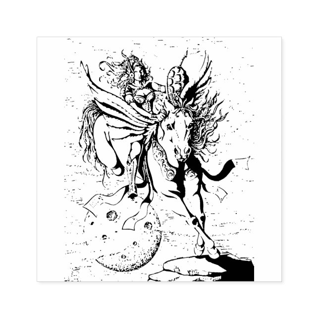 WOMAN WARRIOR, FLYING HORSE PEGASUS FANTASY HERO  RUBBER STAMP (Imprint)