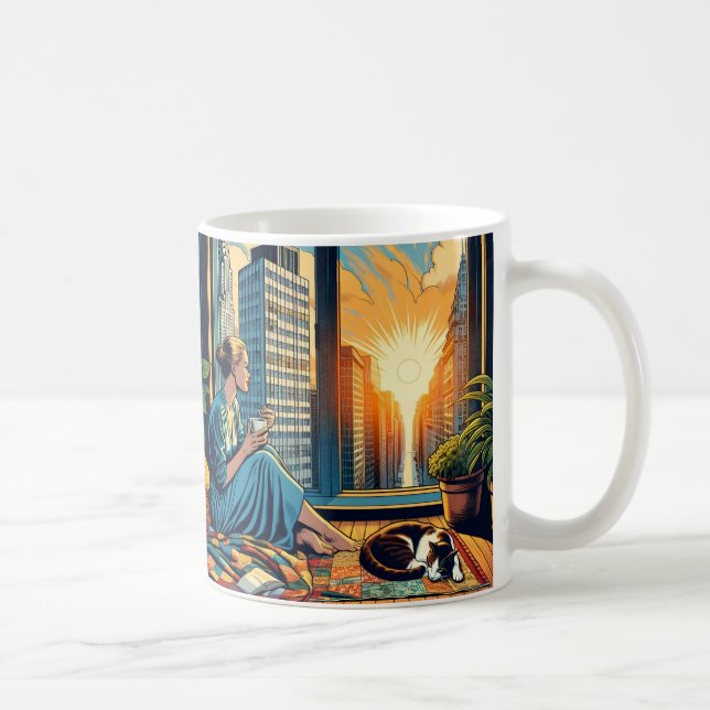 Woman Watching the Sunrise with her Cat Coffee Mug (Right)