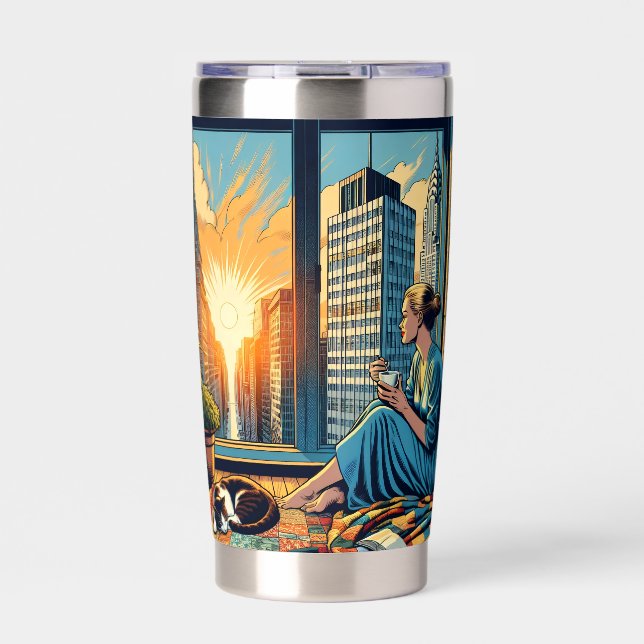 Woman Watching the Sunrise with her Cat Insulated Tumbler (Front)