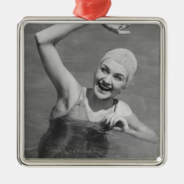 Woman Waving Metal Ornament (Front)
