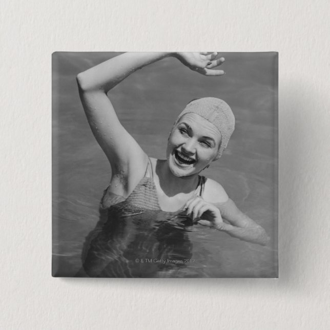 Woman Waving Pinback Button (Front)