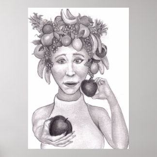 Woman Wearing a Hat Made of Fruit Offering Viewer  Poster