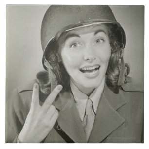 Woman Wearing an Army Helmet Ceramic Tile
