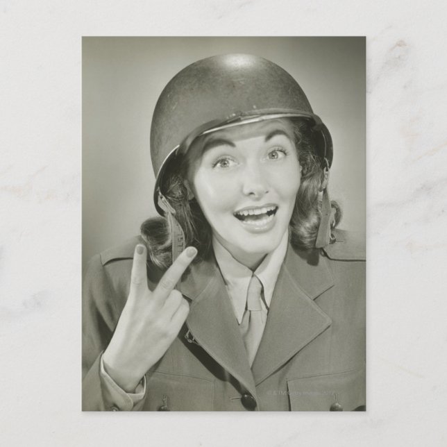 Woman Wearing an Army Helmet Postcard (Front)