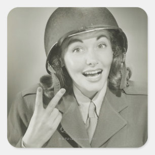 Woman Wearing an Army Helmet Square Sticker