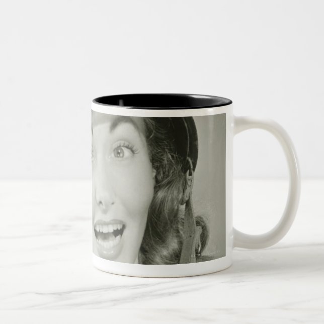 Woman Wearing an Army Helmet Two-Tone Coffee Mug (Right)
