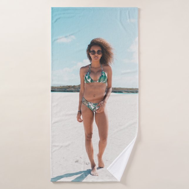 Woman wearing bikini standing on sand bath towel (Bath Towel)