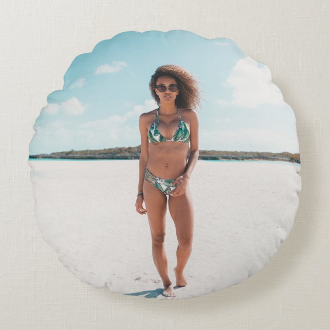 Woman wearing bikini standing on sand round pillow (Front)